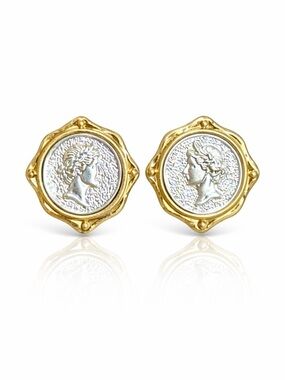 Italian Design Gold and Silver Coin Profile Stud Earrings